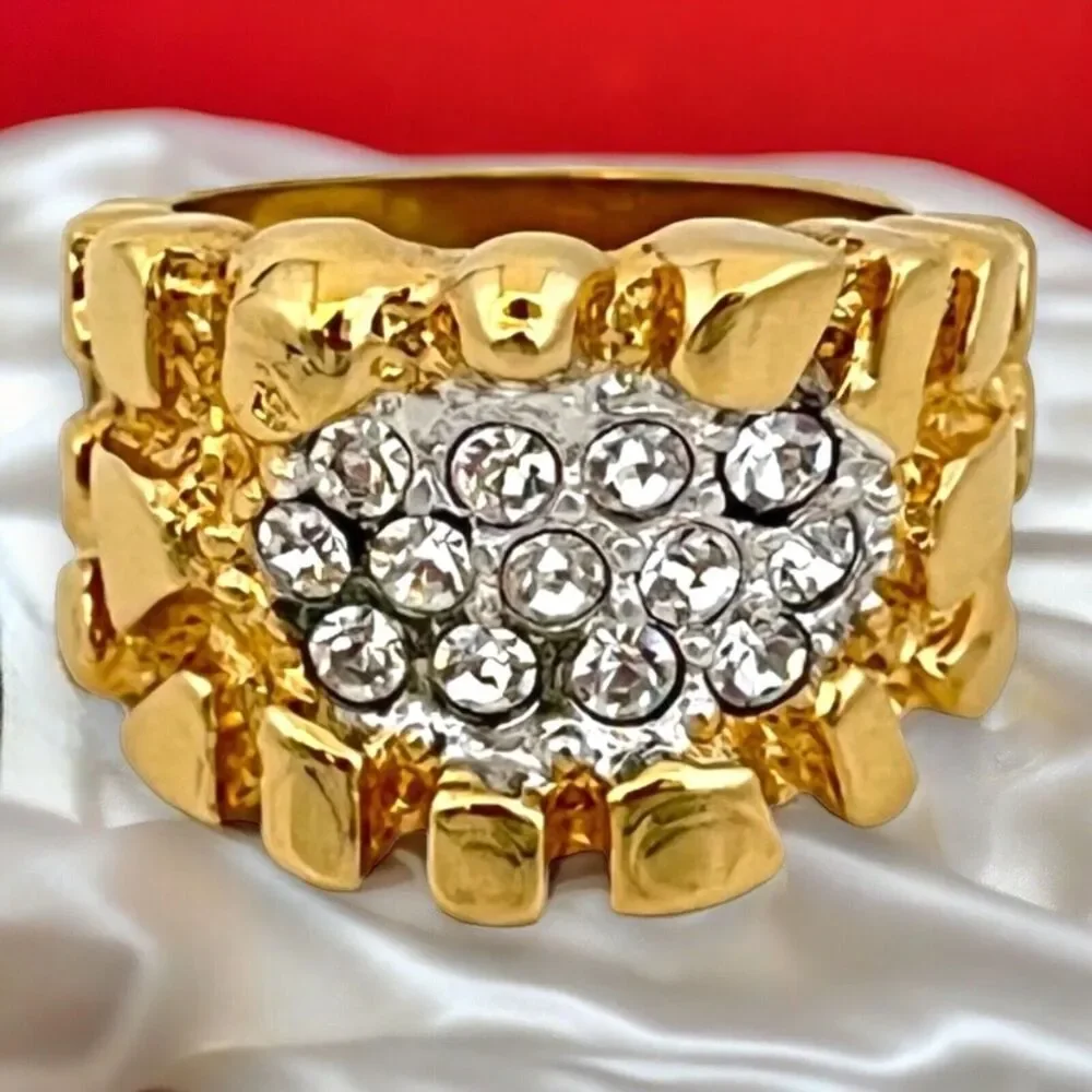 Vintage 1970s Uncas Nugget Ring Size 7  14KT Gold Plate Pave Crystal - 14O